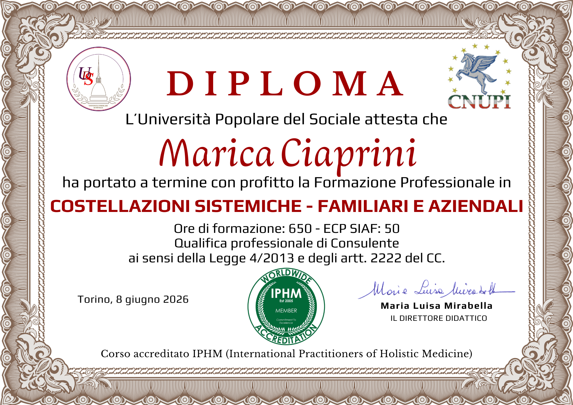 Diploma in Costellazioni Sistemiche Familiari e Aziendali - Universita' Popolare del Sociale, 650 ore